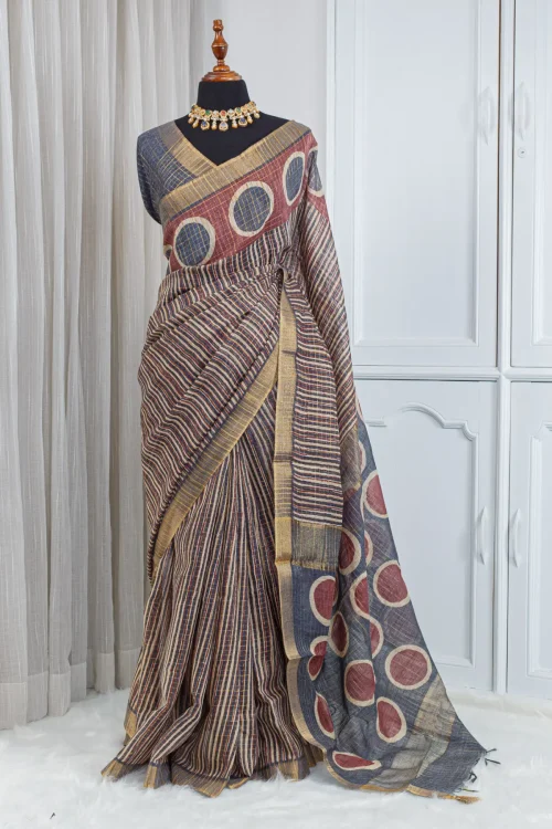 Pure Chanderi Saree – Charcoal Blue with Rust & All-Over Jari Stripes