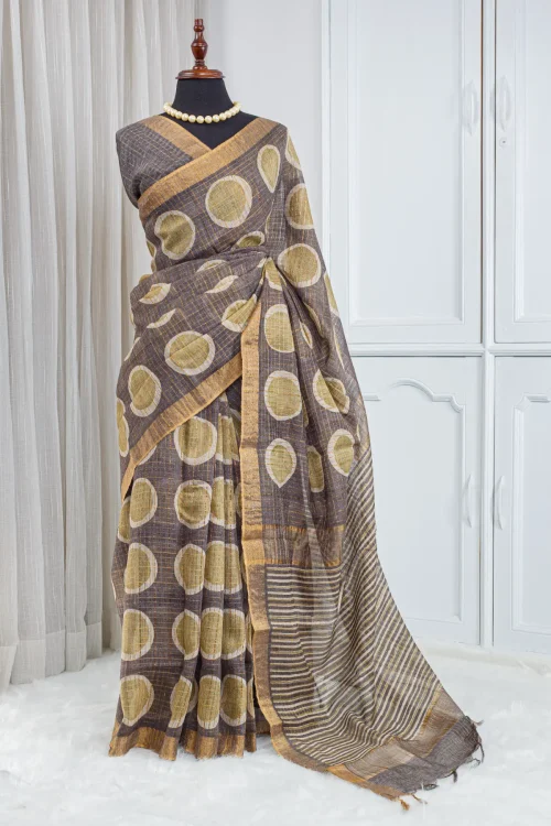 Pure Chanderi Saree – Smoky Taupe with Antique Gold & All-Over Jari Stripes