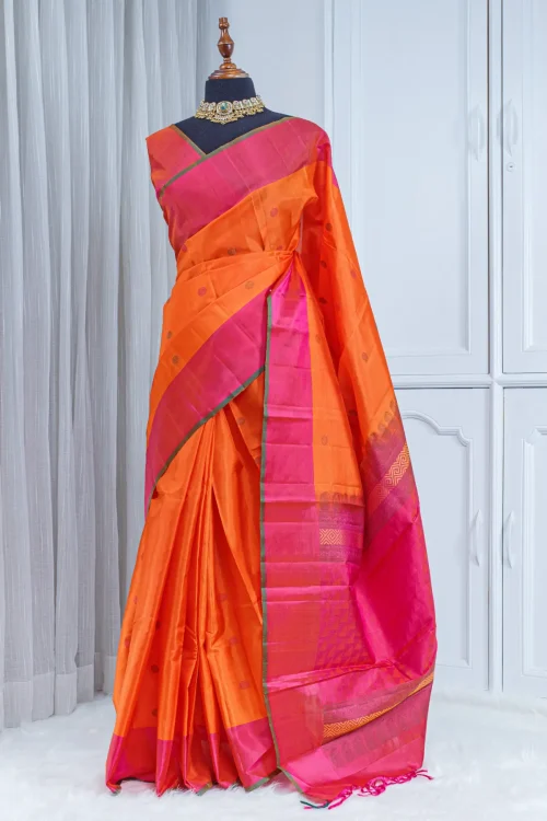 Pure Kanjivaram Silk Saree – Vibrant Orange with Rani Pink Border 00025