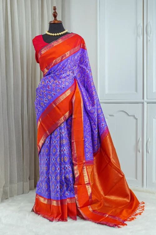 Pure Kanjivaram Silk Saree – Violet Blue with Vibrant Orange Border 00026