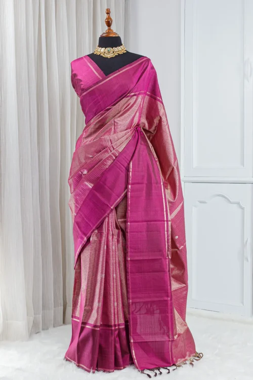 Pure Kanjivaram Silk Saree – Rani Pink with Rose-Gold Zari