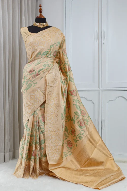 Pure Kanjivaram Silk Saree – Champagne Gold with Green & Rose Pink Weaving