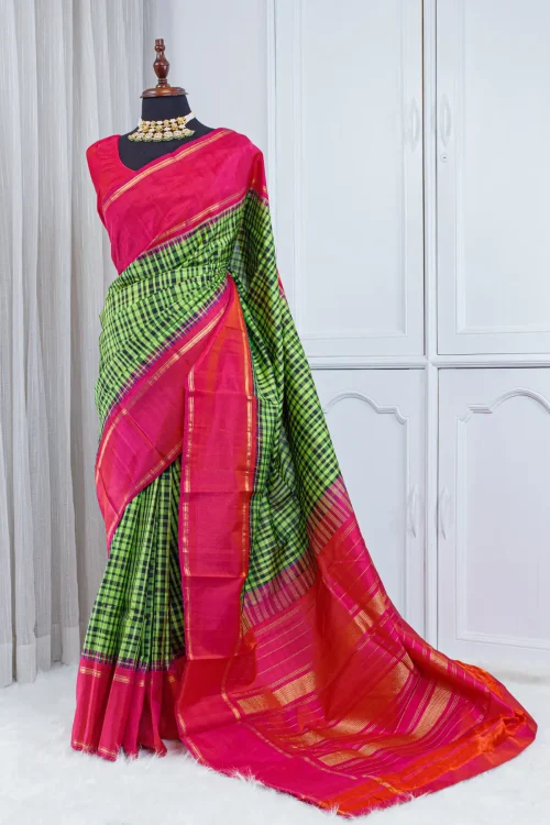 Pure Kanjivaram Silk Saree – Lime Green Checks with Rani Pink Border