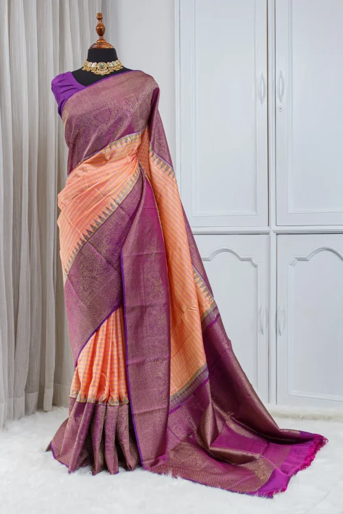 Pure Kanjivaram Silk Saree – Peach Orange with Rich Purple Zari Border