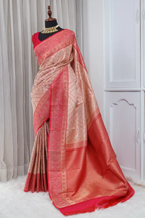 Pure Kanjivaram Silk Saree – Champagne Beige with Coral Red Zari Border