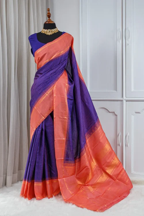 Pure Kanjivaram Silk Saree – Royal Purple with Coral Orange Border