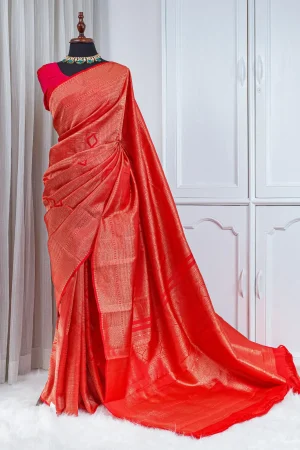 Pure Kanjivaram Silk Saree – Vermilion Red with Rich Golden Zari 00028