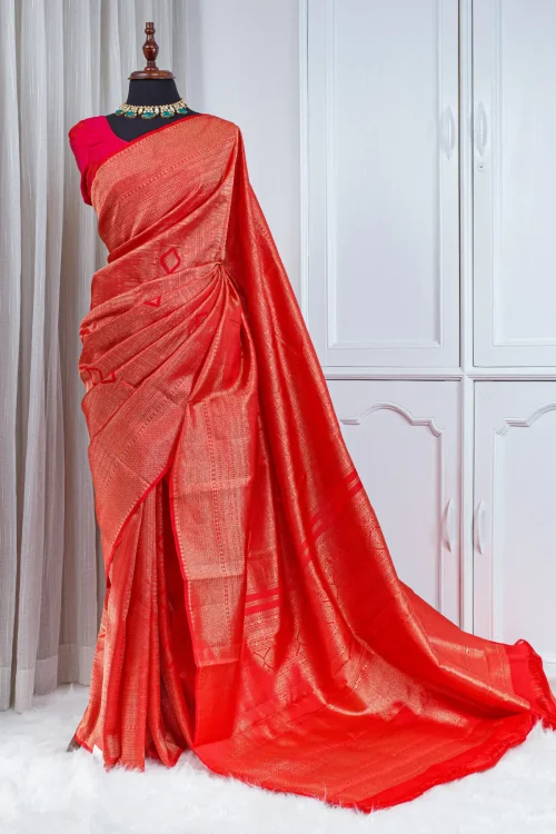 Pure Kanjivaram Silk Saree – Vermilion Red with Rich Golden Zari 00028