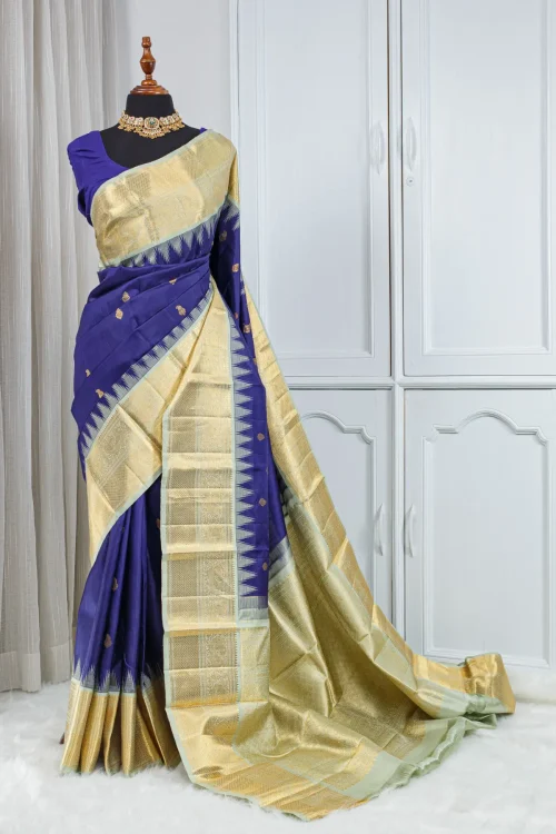 Pure Kanjivaram Silk Saree – Royal Blue with Grand Golden Zari Border