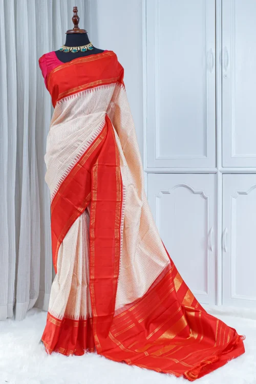 Pure Kanjivaram Silk Saree – Ivory White with Vermilion Red Border