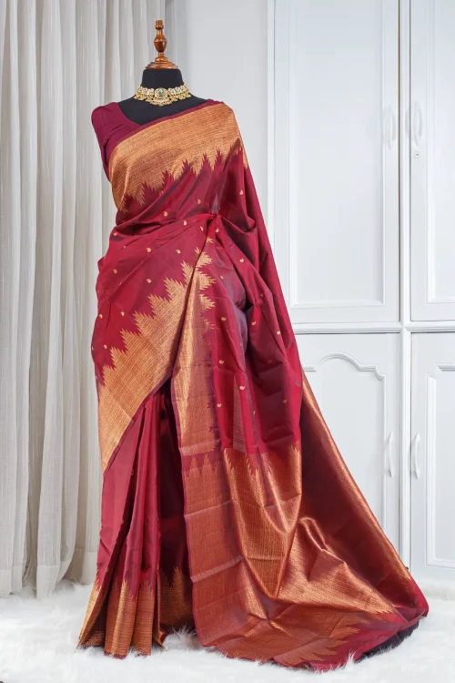 Pure Kanjivaram Saree – Deep Maroon & Antique Gold