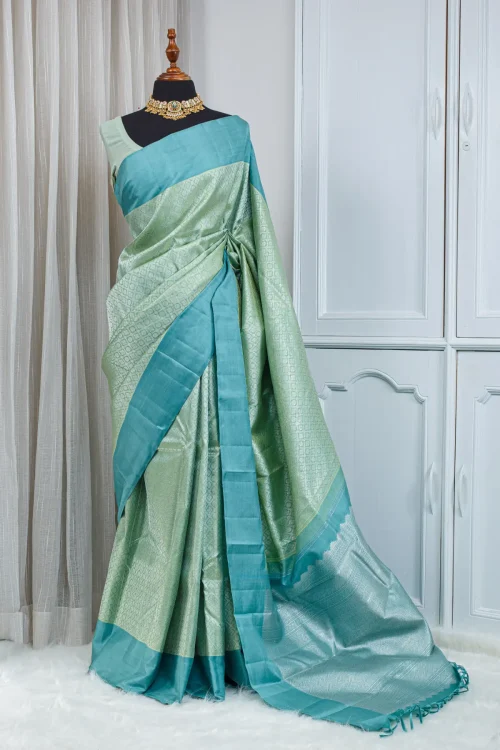 PureKanjivaram Silk Saree – Aqua Blue with Mint Silver Zari Weaving