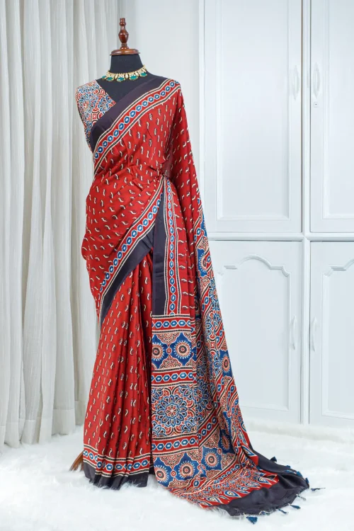 Ajrakh Modal Silk Saree – Rust Red with Indigo & Black