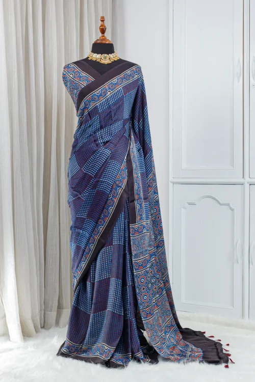 Ajrakh Modal Silk Saree – Indigo Blue with Rust & Black