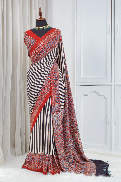 Ajrakh Modal Silk Saree – Ivory, Black & Rust Red