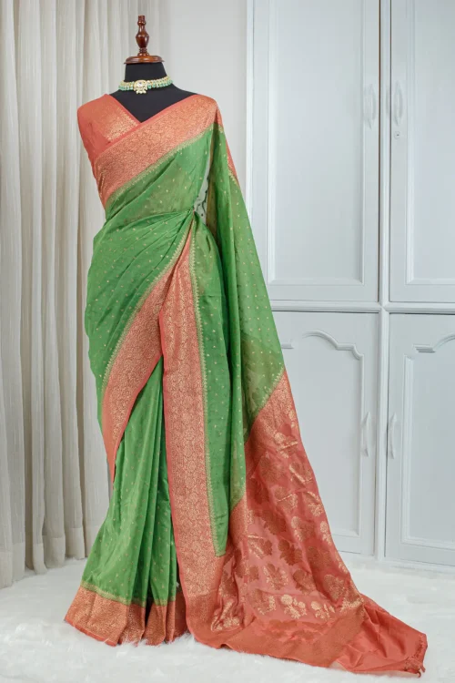 Banarasi Khaddi Saree – Fresh Green & Peach