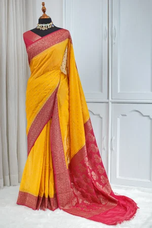 Banarasi Khaddi Saree – Mustard Yellow & Rani Pink 00056