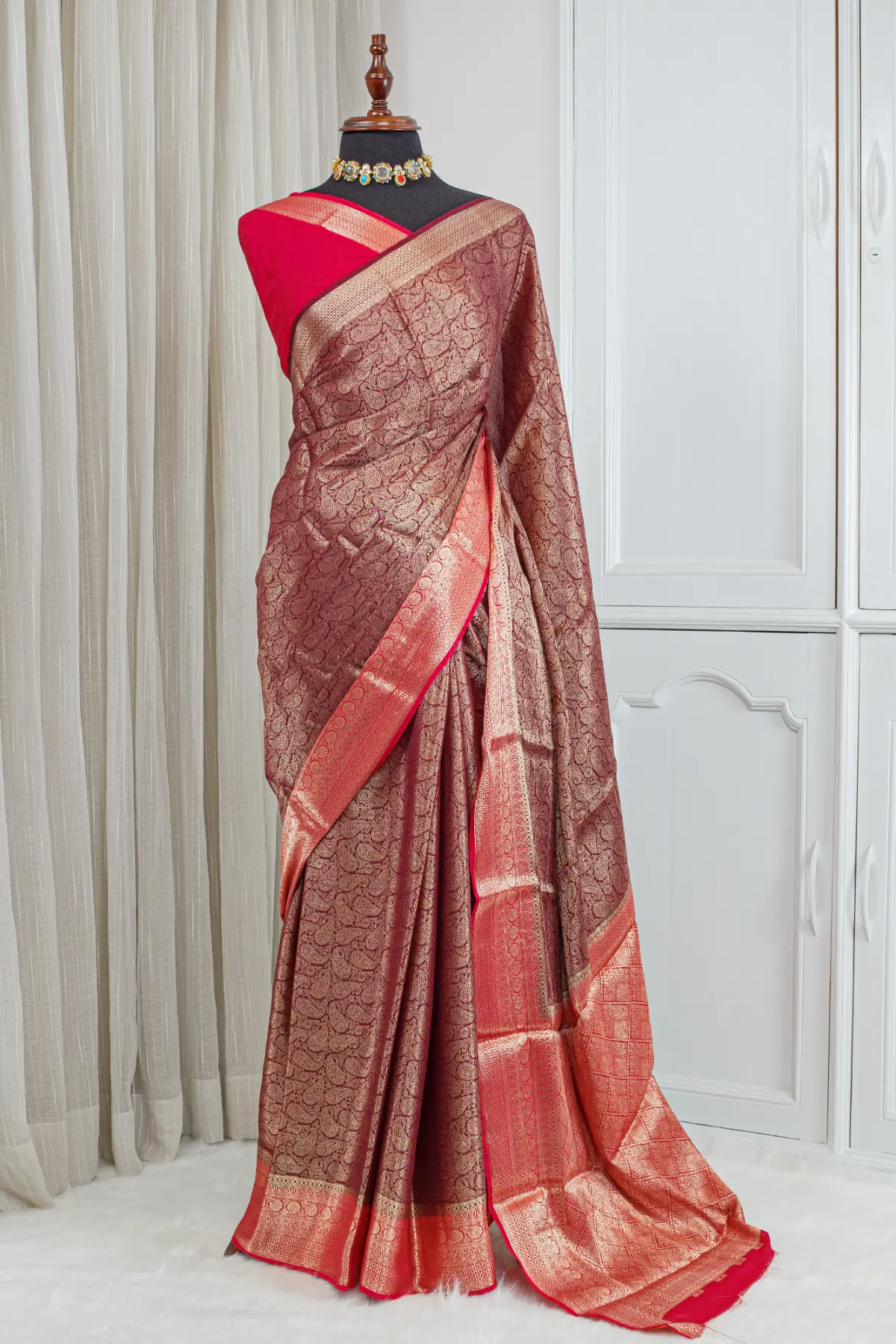 Silk Banarasi Saree – Antique Rose Gold & Rani Pink 00057