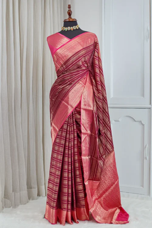 Silk Banarasi Saree – Deep Wine & Rani Pink 00059