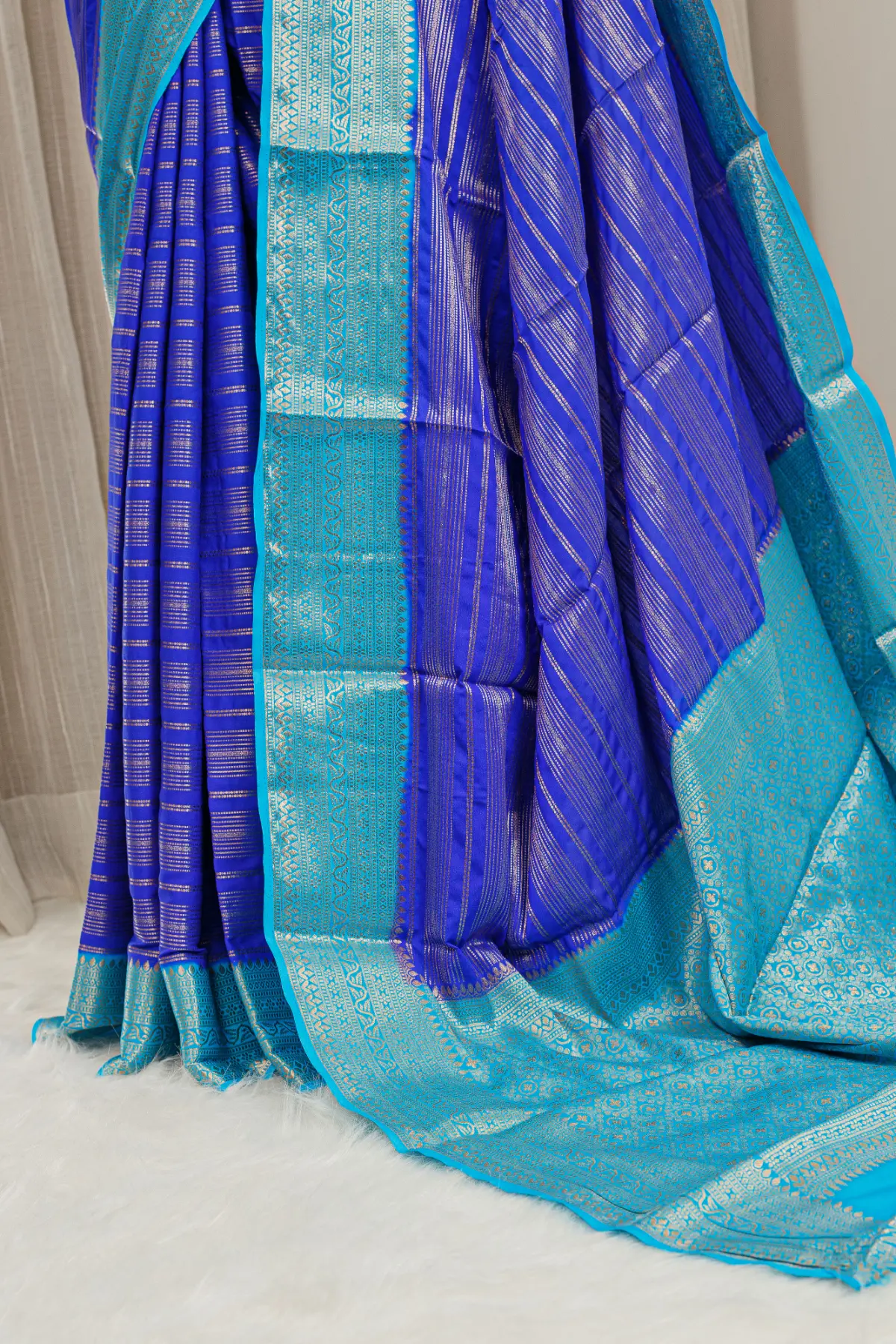 Silk Banarasi Saree – Royal Blue & Turquoise 00060 - Image 3