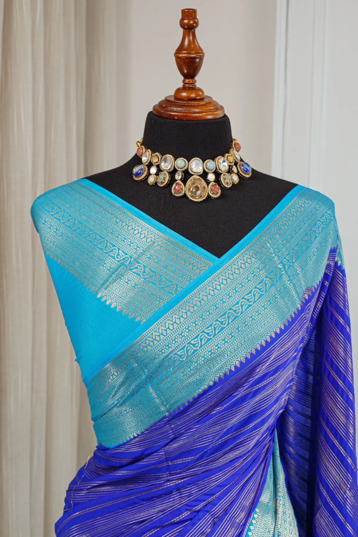 Silk Banarasi Saree – Royal Blue & Turquoise 00060 - Image 4