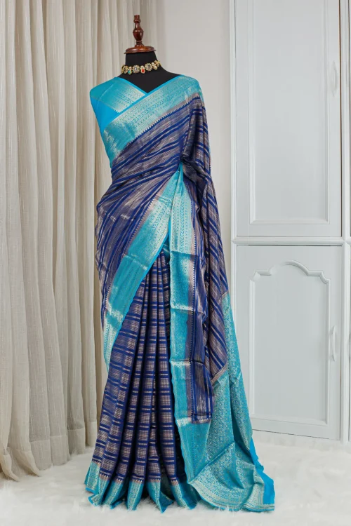 Silk Banarasi Saree – Navy Blue & Turquoise 00061