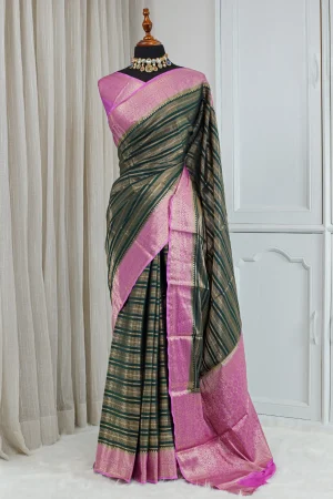 Silk Banarasi Saree – Deep Bottle Green & Orchid Pink 00062