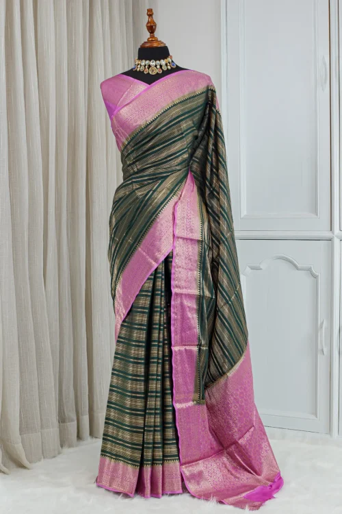 Silk Banarasi Saree – Deep Bottle Green & Orchid Pink 00062
