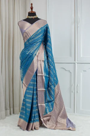 Banarasi Silk Saree – Turquoise Blue with Lavender-Silver Jari Border 00074