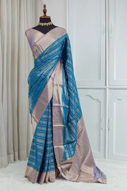 Banarasi Silk Saree – Turquoise Blue with Lavender-Silver Jari Border 00074
