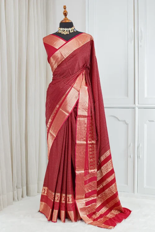 Silk Banarasi Saree – Deep Crimson Red & Antique Gold 00065
