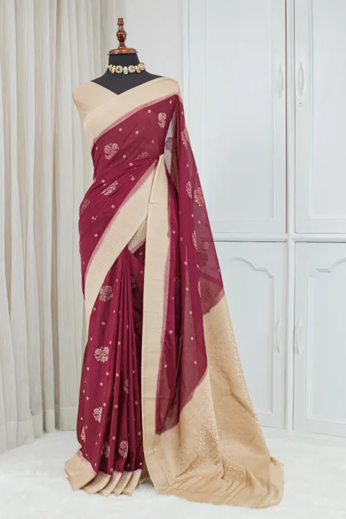 Silk Banarasi Saree – Wine Maroon & Champagne Gold 00066