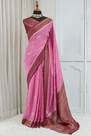 Silk Banarasi Saree – Rose Pink & Deep Maroon 00067