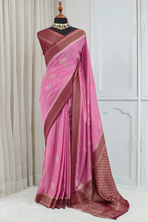 Silk Banarasi Saree – Rose Pink & Deep Maroon 00067