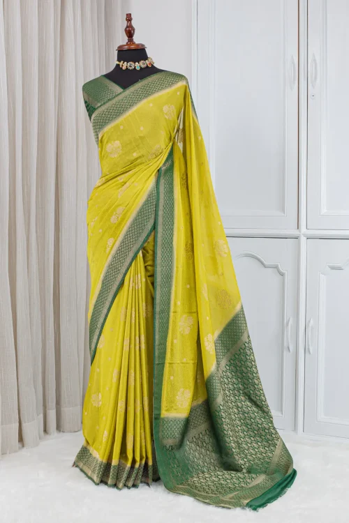 Silk Banarasi Saree – Lime Yellow & Emerald Green 00068