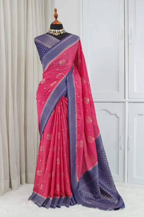 Silk Banarasi Saree – Rani Pink & Deep Navy Blue 00069