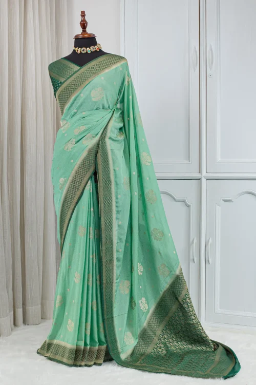 Silk Banarasi Saree – Mint Green & Deep Emerald Green