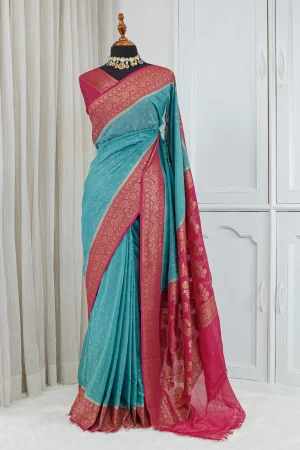 Silk Banarasi Saree – Turquoise Blue & Rani Pink 00070