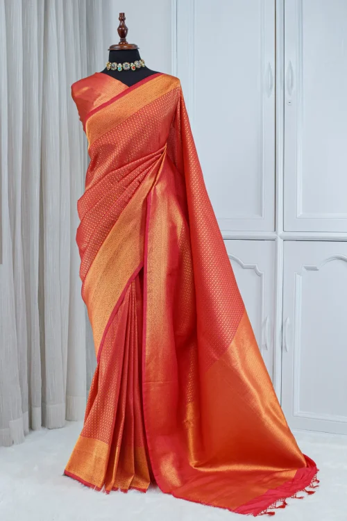 Silk Banarasi Saree – Vermilion Red & Antique Gold 00071