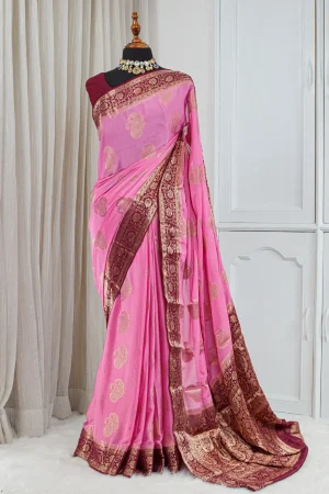 Silk Banarasi Saree – Rose Pink & Deep Maroon 00072