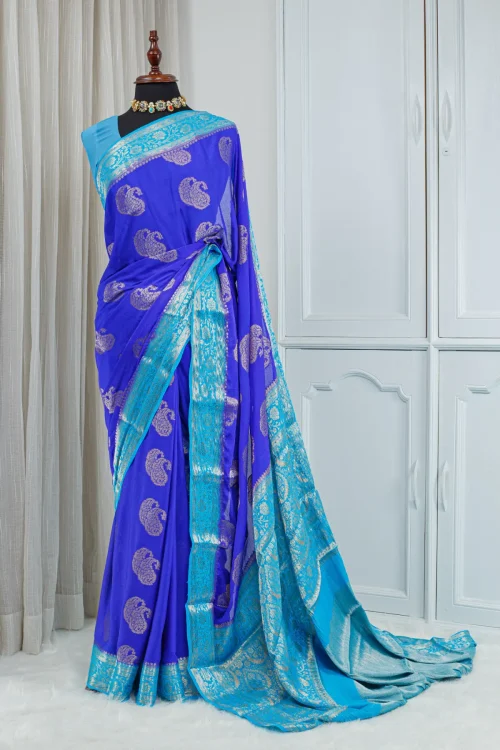 Silk Banarasi Saree – Royal Blue & Turquoise 00073