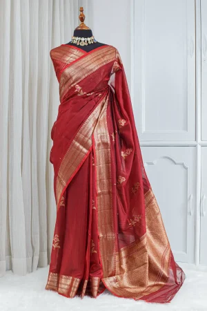 Kora Banarasi Saree – Deep Red & Antique Gold 00075