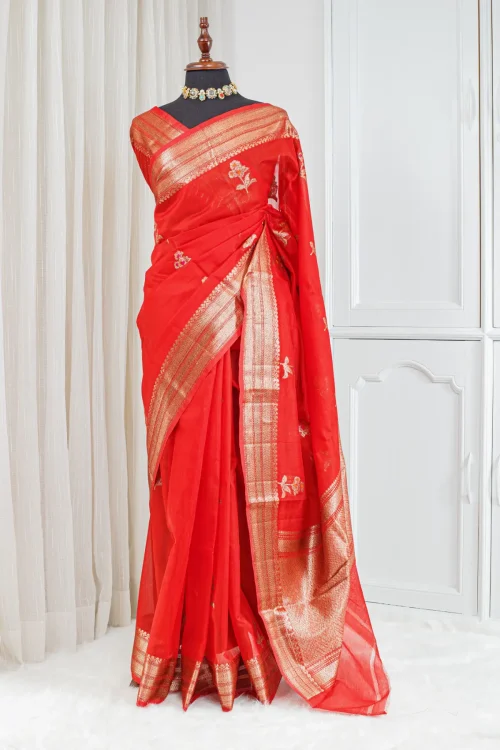 Kora Banarasi Saree – Vermilion Red & Gold 00076