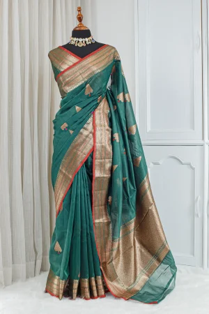 Kora Banarasi Saree – Deep Teal Green & Antique Gold 00077