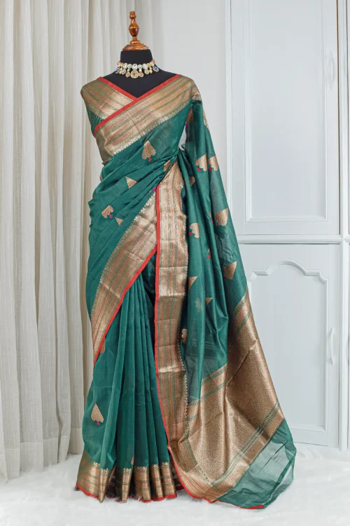 Kora Banarasi Saree – Deep Teal Green & Antique Gold 00077