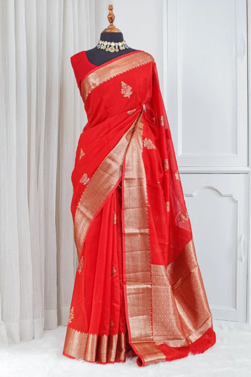 Kora Banarasi Saree – Vermilion Red & Antique Gold
