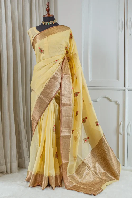 Kora Banarasi Saree – Soft Butter Yellow & Antique Gold 00079