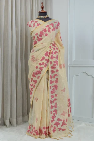 Cotton Linen Appliqué Work Saree – Ivory & Rose Pink 00081