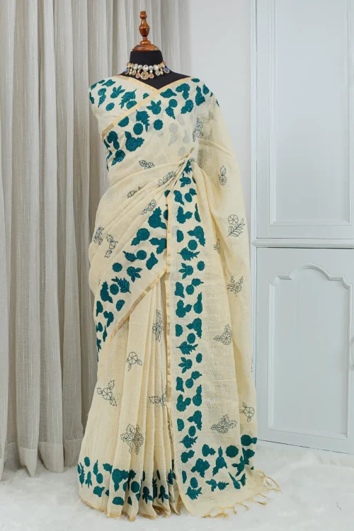 Cotton Linen Appliqué Work Saree – Ivory & Teal Green 00082