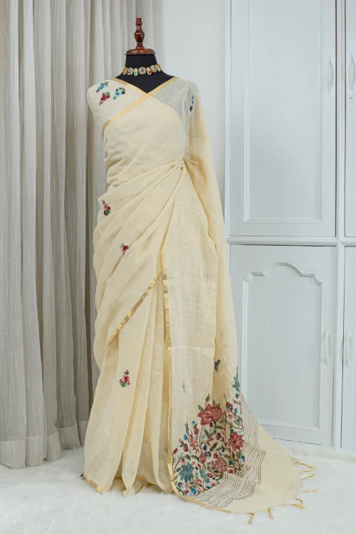 Cotton Linen Embroidery & French Knot Saree – Ivory Multi-Colour 00083